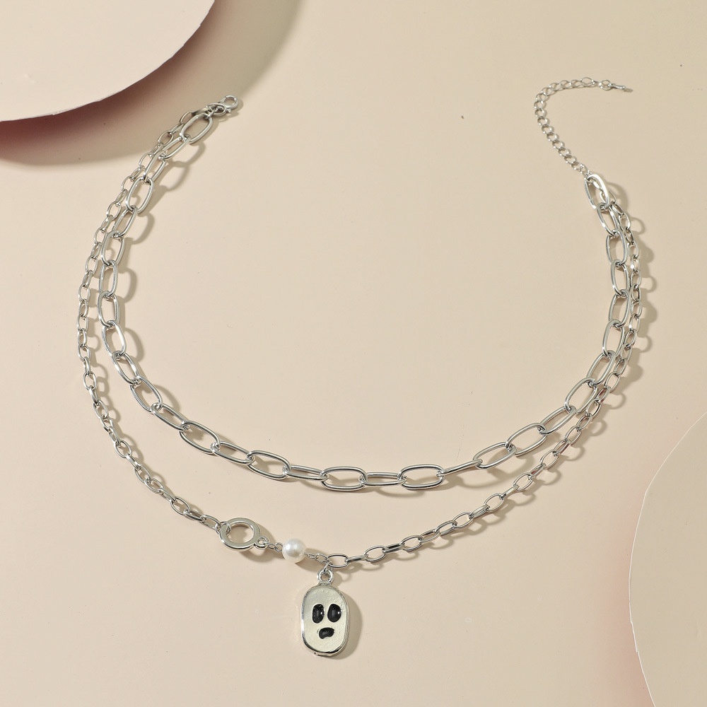 Vòng cổ Hai Lớp Mặt Hình Ma Màu Sắc Bạc Phong Cách Halloween Cho Nữ