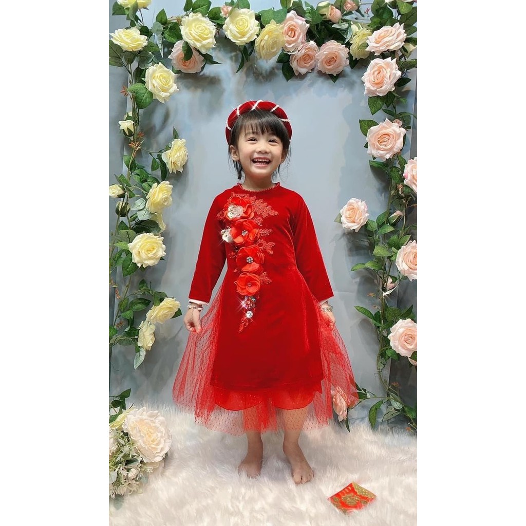 ÁO DÀI CÁCH TÂN CHO BÉ CAO CẤP HỌA TIẾT ĐÍNH HOA NỔI KÈM MẤN 10-22KG(1-6T)
