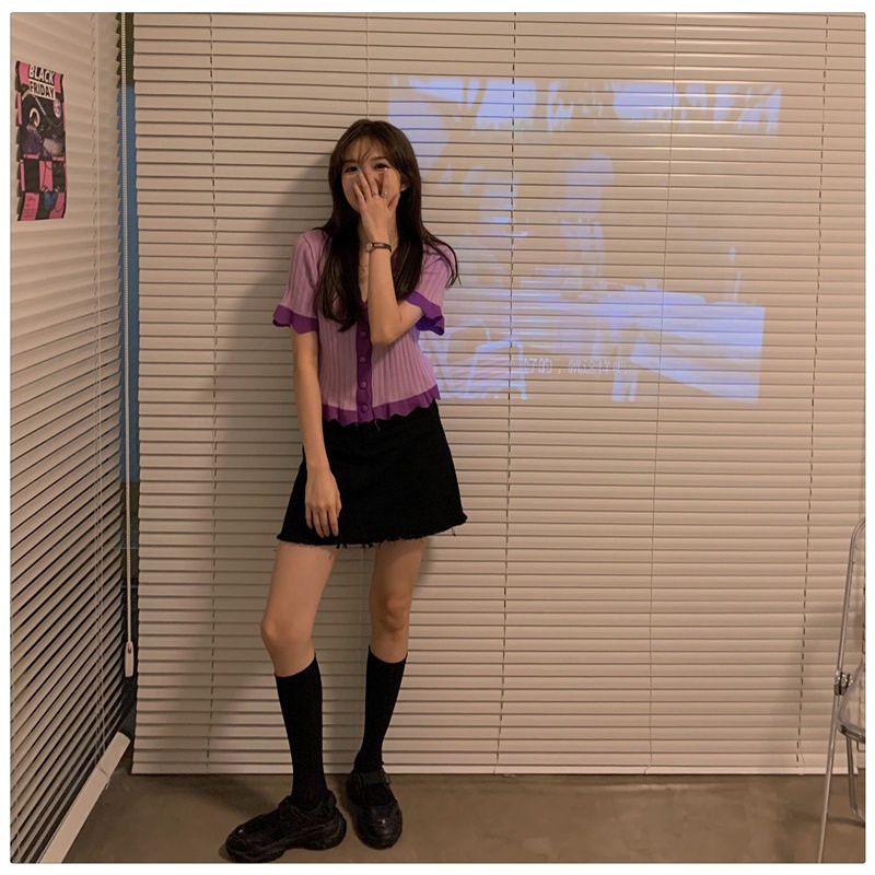 Áo Cardigan Dệt Kim Ngắn Tay Cổ Chữ V Dáng Ôm Xinh Xắn Thời Trang