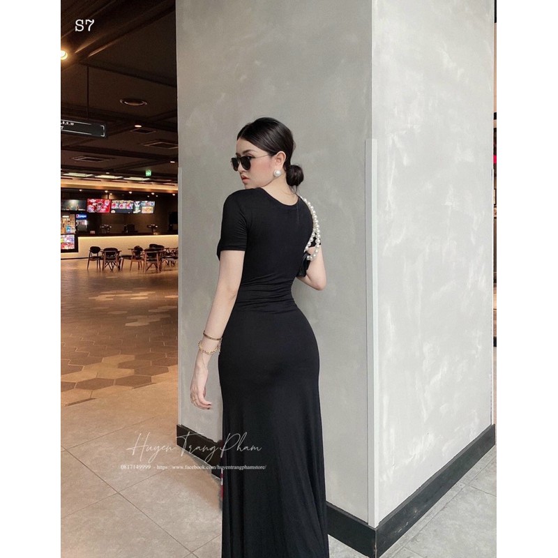 Đầm maxi body thun xẻ tà nhúng eo