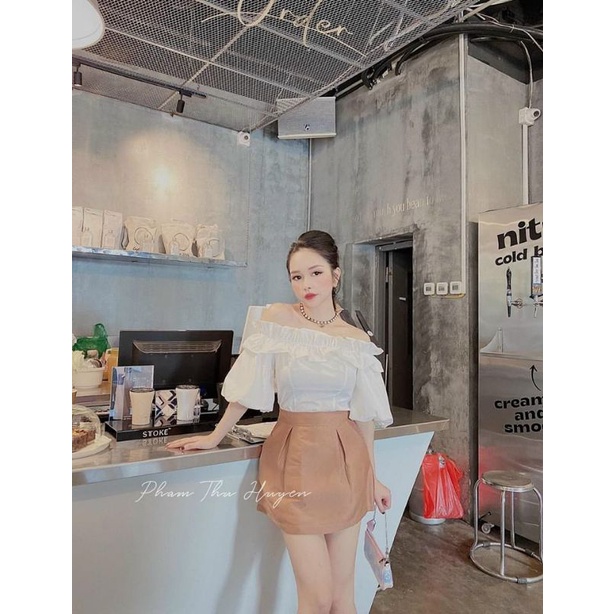 Áo bẹt vai nhún tay phồng T0U4