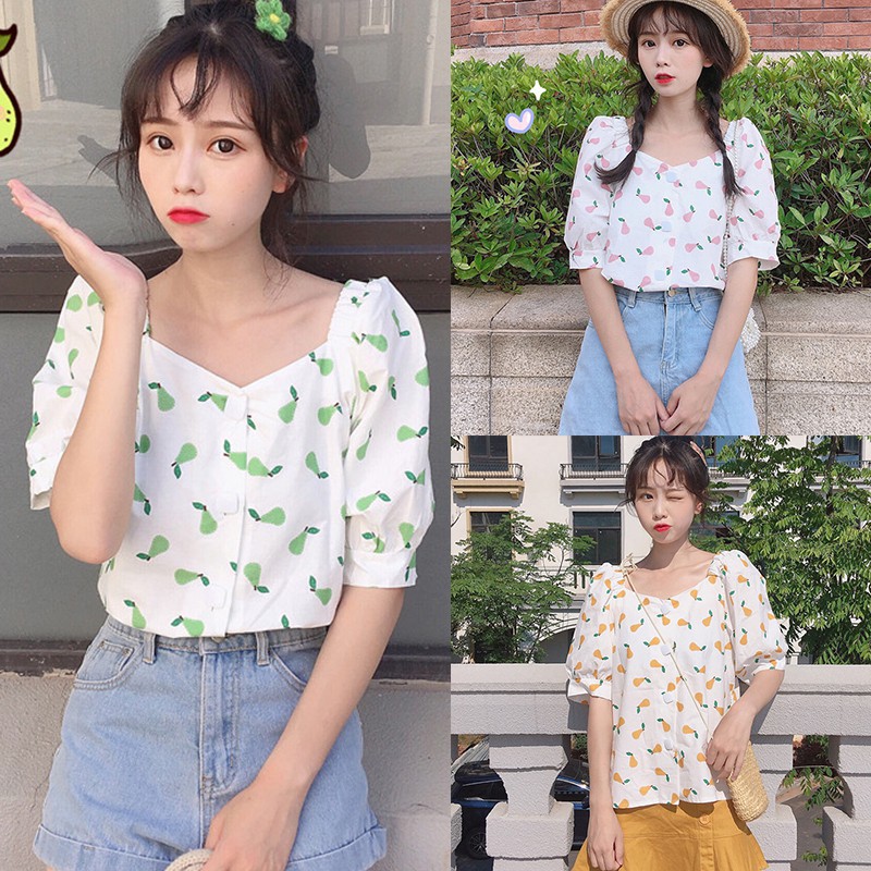 Áo kiểu nữ ngắn tay in họa tiết trái cây xinh xắn | BigBuy360 - bigbuy360.vn