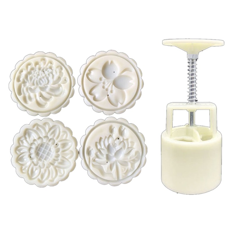 Khuôn Nhấn Cắt Bánh Trung Thu 75g Kèm 4 Con Dấu Họa Tiết Hoa