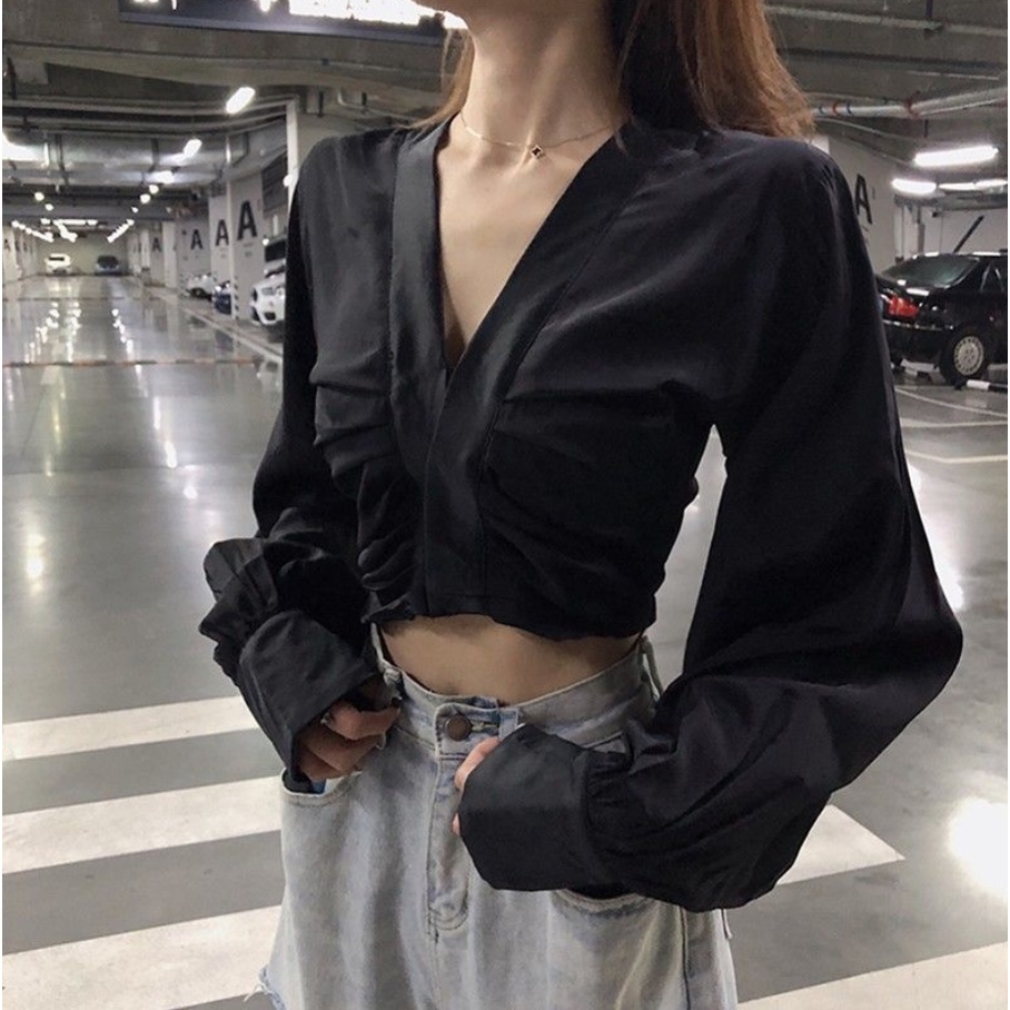 Áo sơ mi ngắn dáng rộng cổ chữ V thiết kế mới mùa xuân cho nữ @