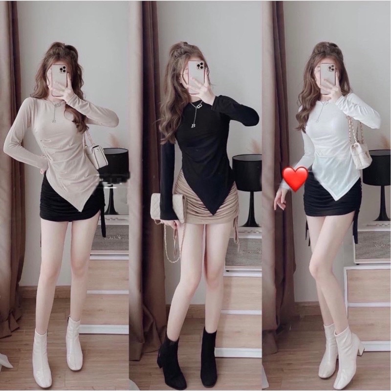 Áo thun body nữ Tay Dài vạt nhọn Xếp Li eo trơn