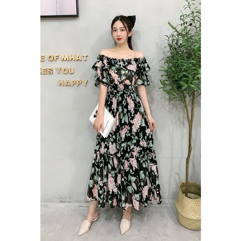 Váy đi biển cao cấp hoa nhí trễ vai bèo dáng dài maxi đầm chun eo dáng xoè kiểu Hàn Quốc 9608  DK7T103