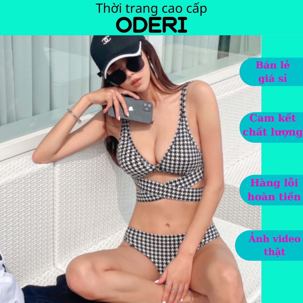 SET BIKIBI, ĐỒ BƠI ĐI BIỂN HAI MẢNH ÁO THẮT CHÉO CỘT DÂY LƯNG QUẦN TAM GIÁC HỌA TIẾT CARO SIÊU HOT ODERI HM-112