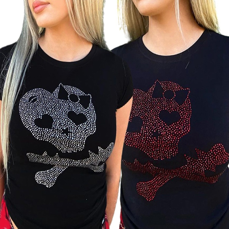 Áo Croptop Tay Ngắn In Hình Đầu Lâu Đính Đá Cá Tính Cho Nữ