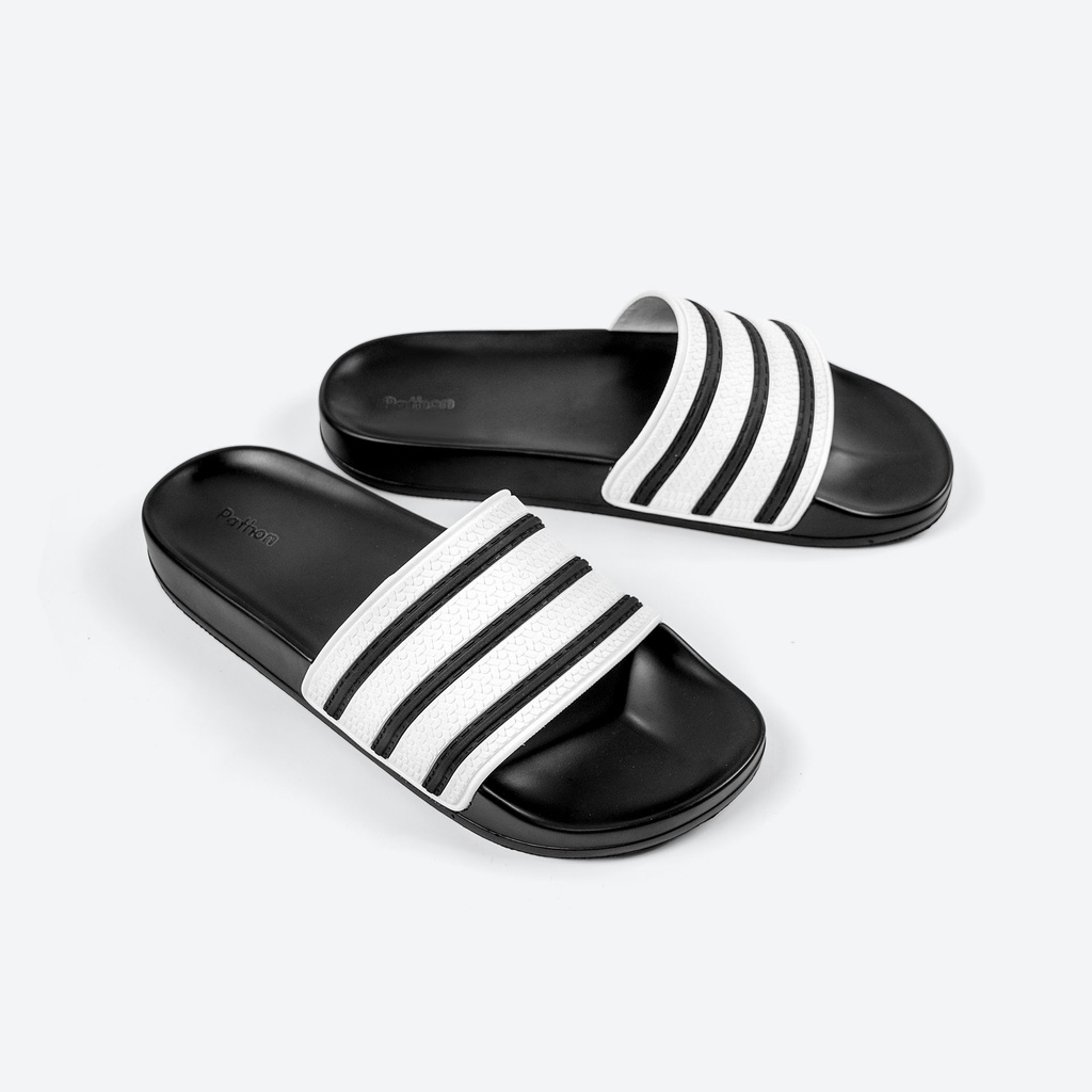 Dép nam nữ quai ngang slipper Pathon quai PVC và đế PU đen quai sọc đen trắng SD38