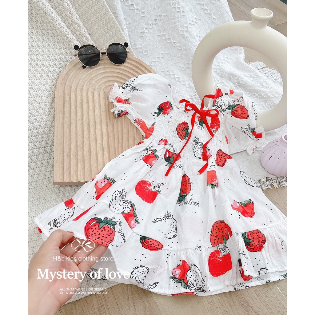 Váy dâu tây cho bé gái từ 8-18kg Kidbabyonline K112- Váy bé gái vải thô siêu mát