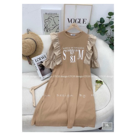 Váy bầu cotton pha tay voan suông dài, đính kèm hoa sang chảnh cao cấp