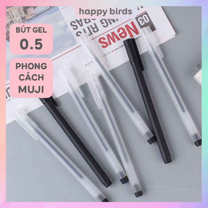 Bút gel 0.5 mm vỏ trơn bút bi nước mực đen hai màu vỏ đen trắng tối giản