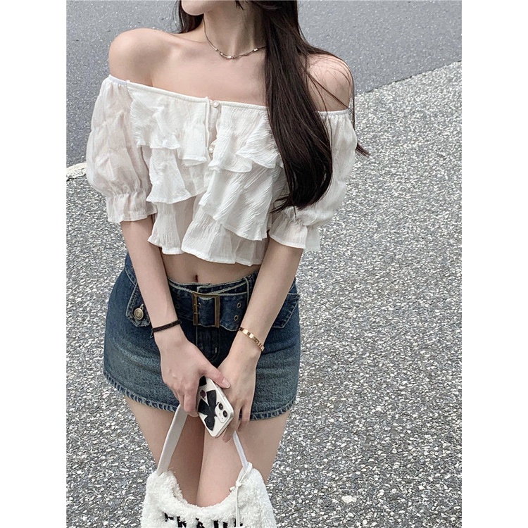 Áo kiểu COZOKC vải chiffon tay ngắn phồng trễ vai phối bèo nhún thời trang dành cho nữ