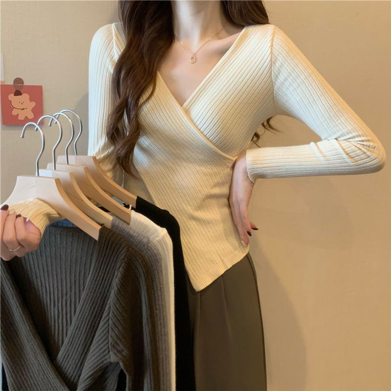 COZOK Áo sweater Tay Dài Cổ Chữ V Dáng Ôm Xẻ Tà Quyến Rũ Trẻ Trung