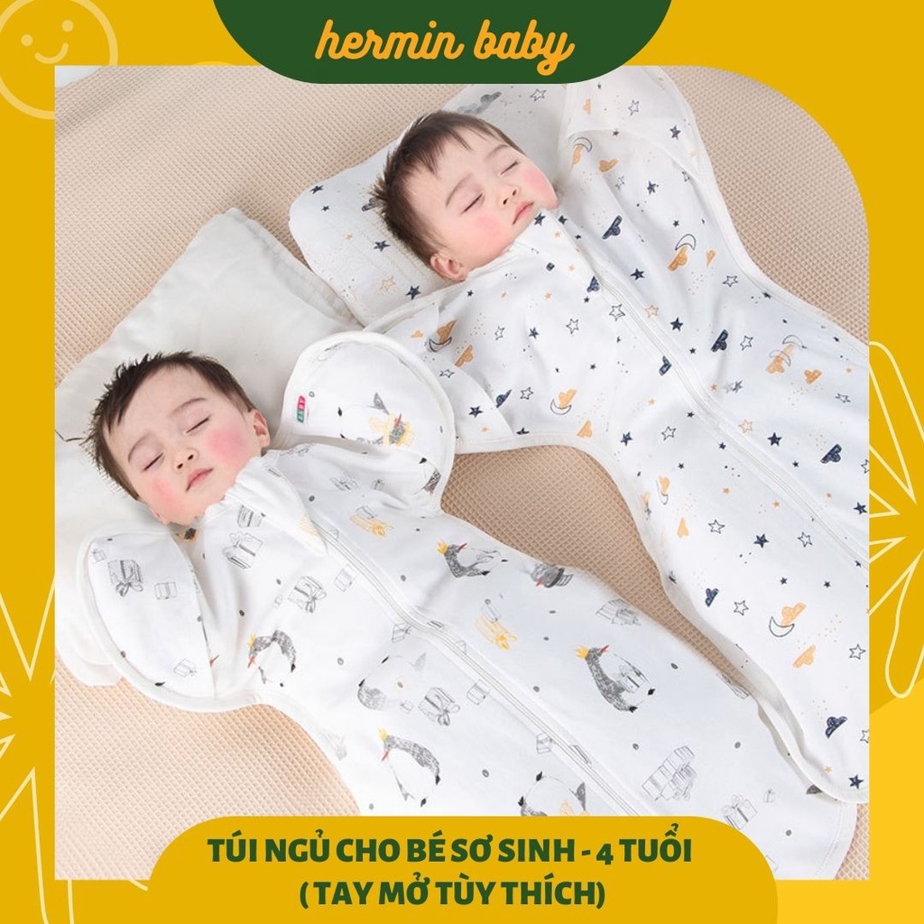 Túi ngủ trẻ em - nhộng chũn cho bé chất cotton hữu cơ tay mở tùy thích