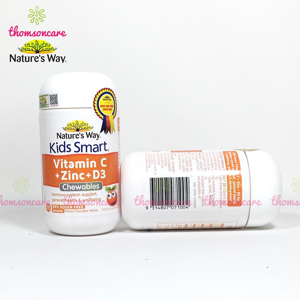 Kẹo bổ sung vitamin C kẽm và D3 cho bé, nhập khẩu từ Úc Nature Way Kids Smart Vitamin C Zinc D3 Hộp 75 viên