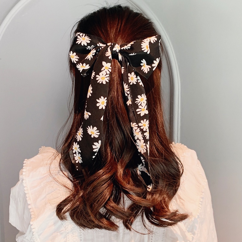 Dây Buộc Tóc Ruy Băng Mềm Mại Họa Tiết Hoa Cúc Trắng / Đen Phong Cách Retro Pháp