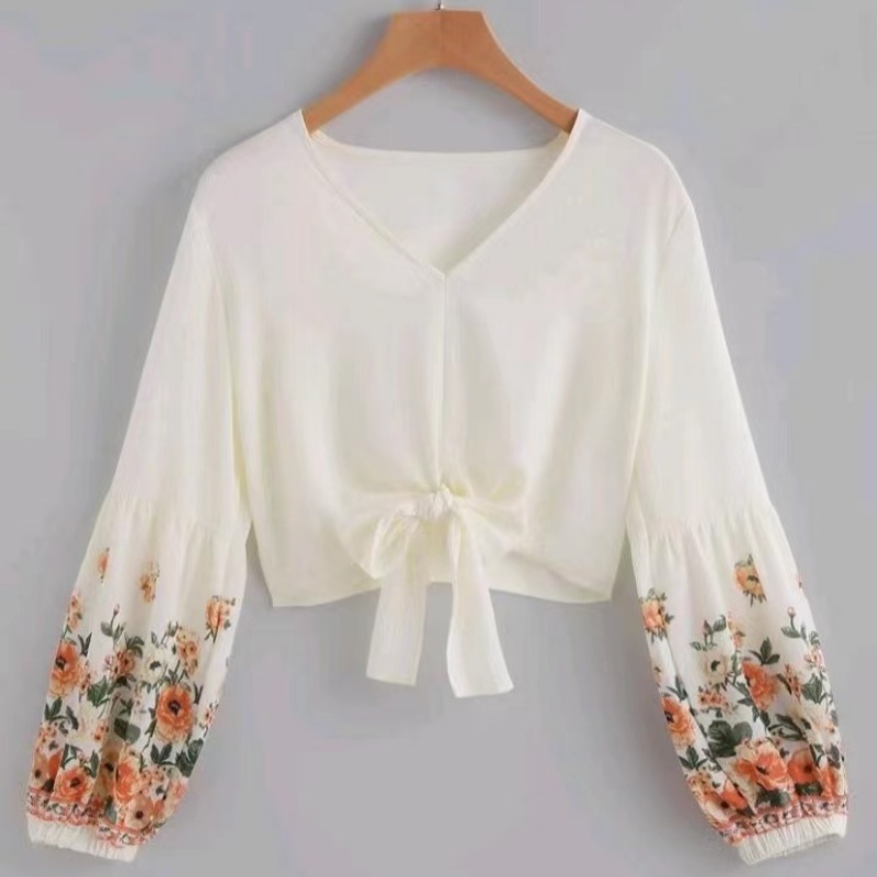 Áo chiffon BH tay phồng dài họa tiết hoa phong cách Hàn Quốc cá tính