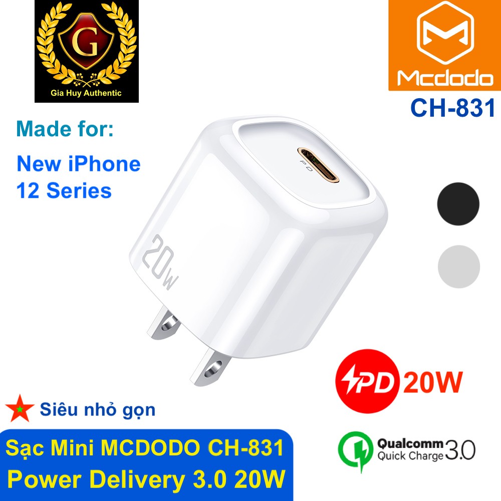 Củ sạc nhanh New iPhone 12 Series, iPad Pro, Samsung S10, Note 10 MCDODO CH-831 PD 3.0 20W (tương thích QC 3.0)