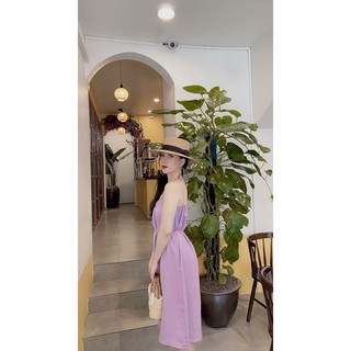 đầm maxi cổ yếm thắt eo nhúm ngực chất đũi