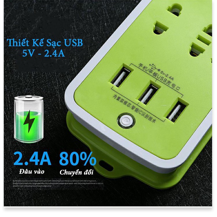 Ổ ĐIỆN ĐA NĂNG CHỐNG GIẬT CÓ 3 CỔNG USB VÀ 6 Ổ CẮM (MÀU XANH LÁ CÂY)