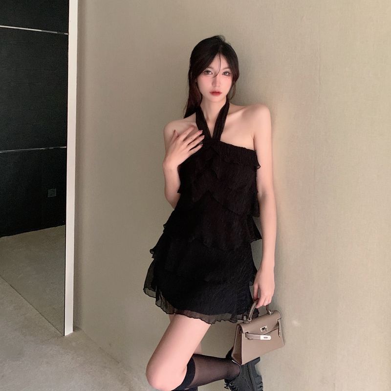 Đầm Voan Xếp Tầng Cổ Yếm Phong Cách Retro Quyến Rũ 2022 Dành Cho Nữ