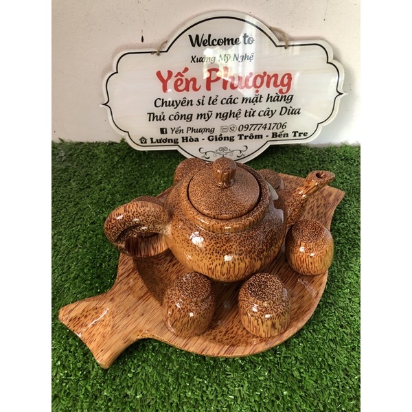 Bộ Bình Trà Bằng Gỗ Dừa Hình Chiếc Lá - Gồm ấm trà, đĩa, ly tách - Quà tặng handmade, thủ công mỹ nghệ