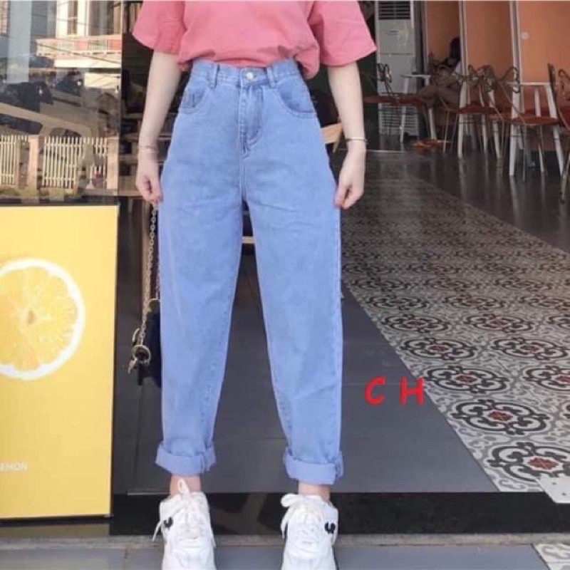 Quần jeans baggy nữ lưng cao hoạ tiết trơn vải bò dày dặn freeship