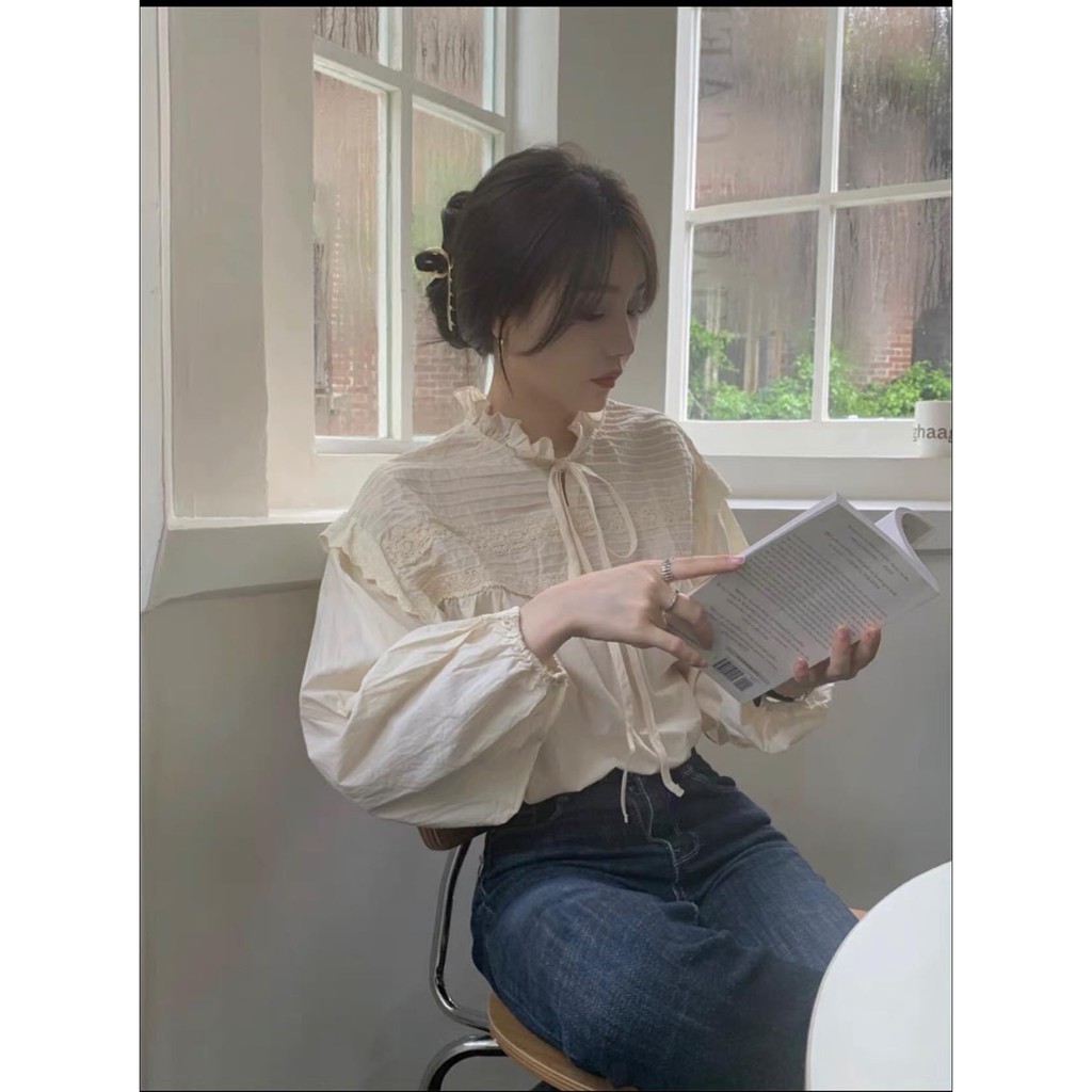 Áo sơ mi babydoll viền ren cánh tiên thắt nơ dài tay ulzzang