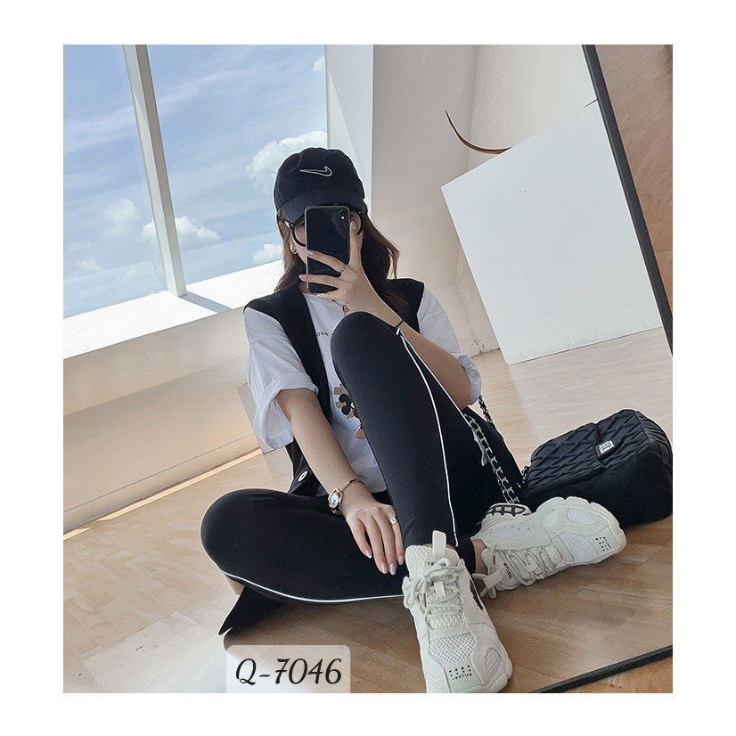 7046 Quần legging BIG SIZE kiểu quần leg viền sọc có túi thun cotton co giãn 4 chiều