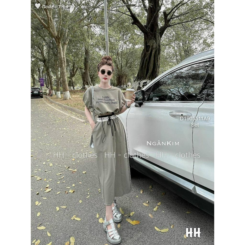Set bộ áo croptop tay ngắn in chữ rút dây kèm chân váy dài!