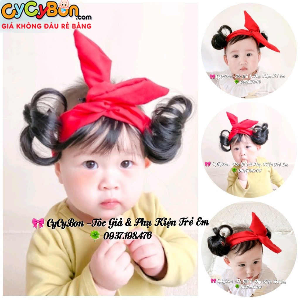 Băng Đô Turban Tóc Giả Cho Bé Gái Nơ Đỏ Quấn - Kèm Mái và Búi Tóc 2 Bên !