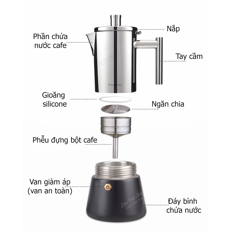 Ấm Moka pot đun bếp từ inox 4cup 6cup pha cà phê cafe espresso phong cách Ý