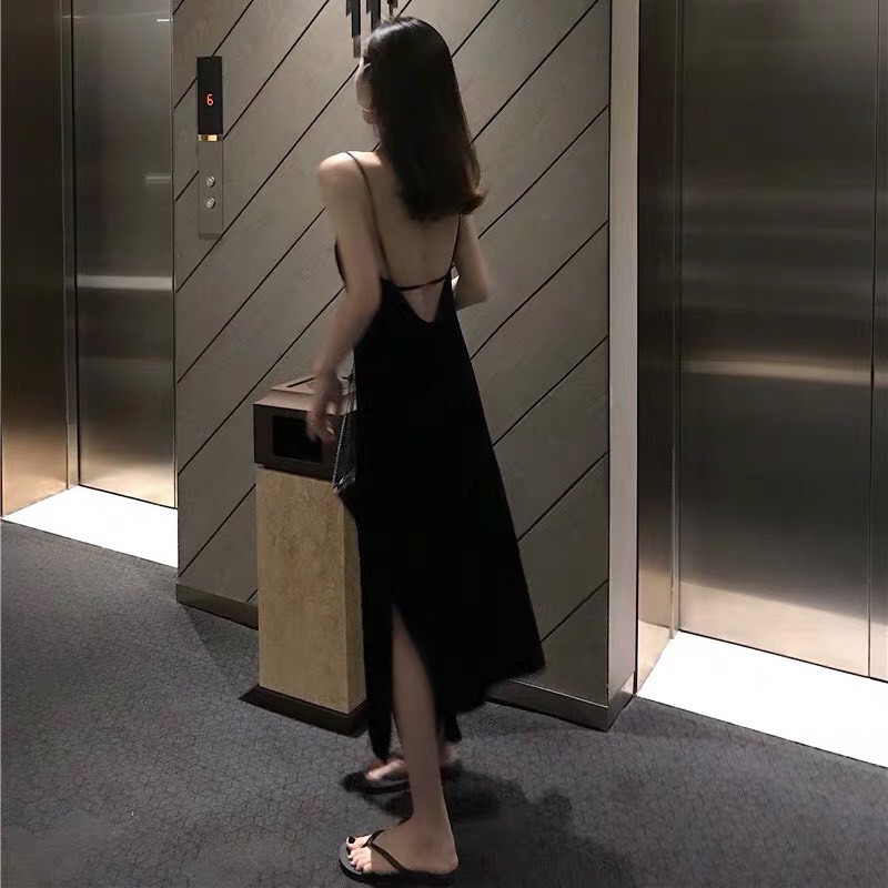 Đầm maxi đen trơn 2 dây hở lưng - HOẢ TỐC - ẢNH THẬT - ĐẦM V LƯNG MAXI có mút ngực hai dây có tăng đưa