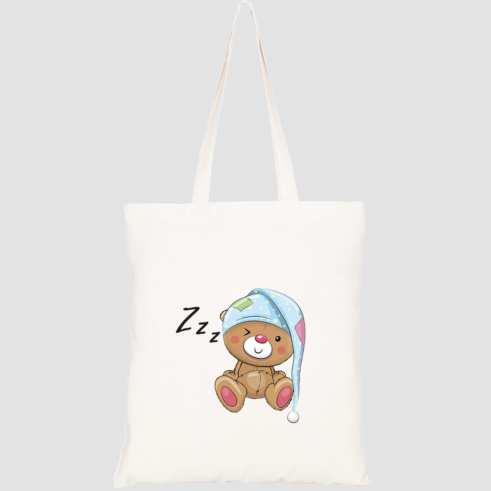 Túi vải tote canvas HTFashion in hình sleeping cute teddy bear hood HT538