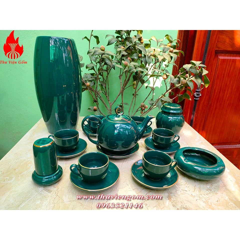 Bộ ấm chén men xanh cổ vịt vẽ vàng chuẩn Bát Tràng