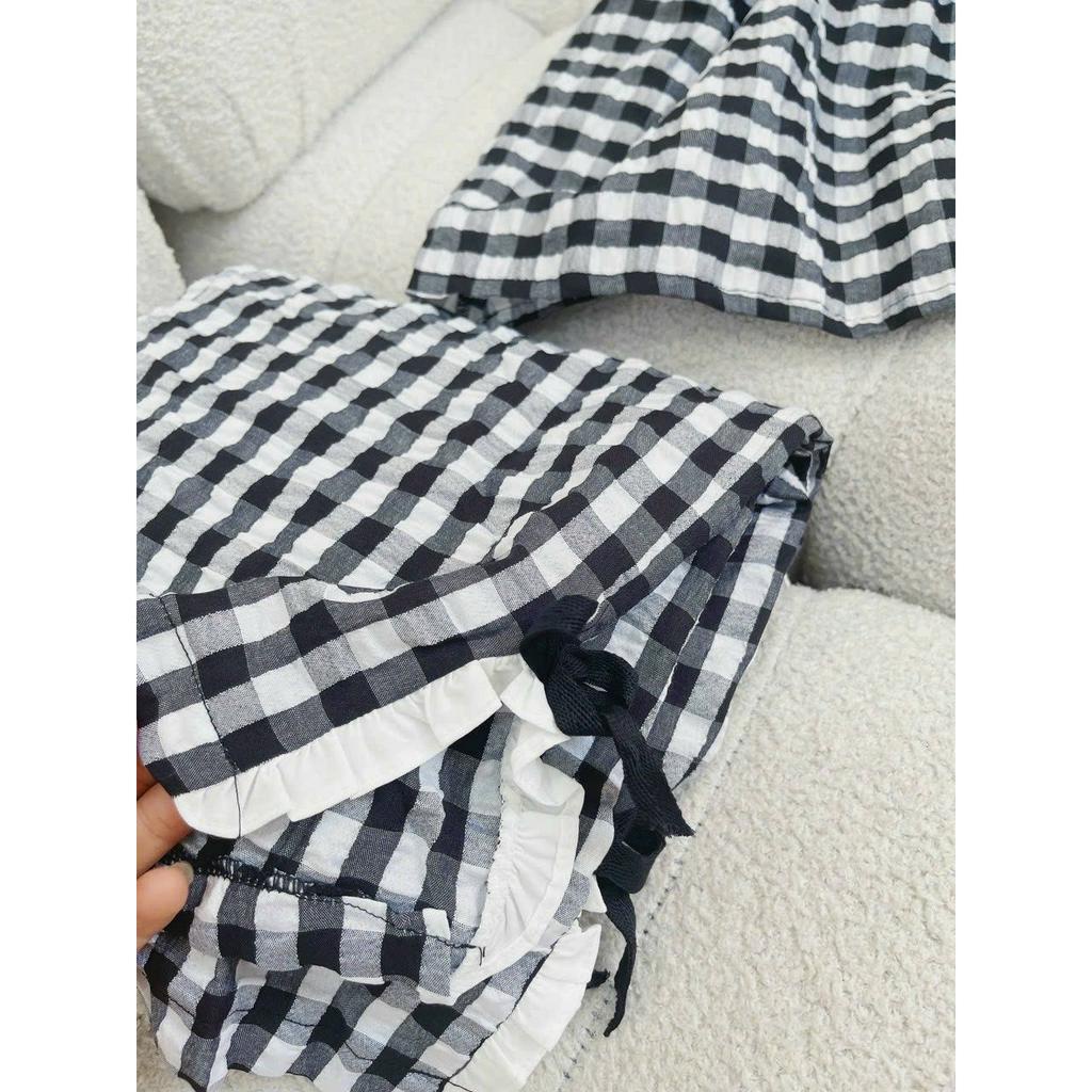 Set bộ đồ nữ, set đồ kẻ caro màu đen đỏ thiết kế 2 dây phối quần dài sang chảnh nữ tính cho nàng mặc nhà đi chơi