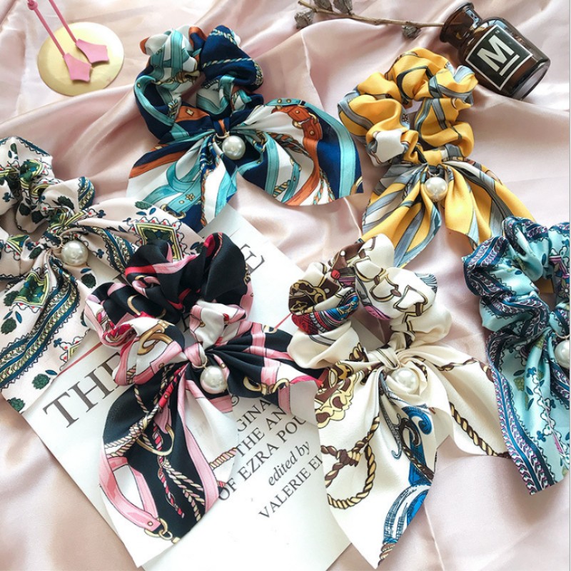 Women Accessories Pearl Bow Hair Scrunchies Rope Band Ring Tie Ponytail Holder