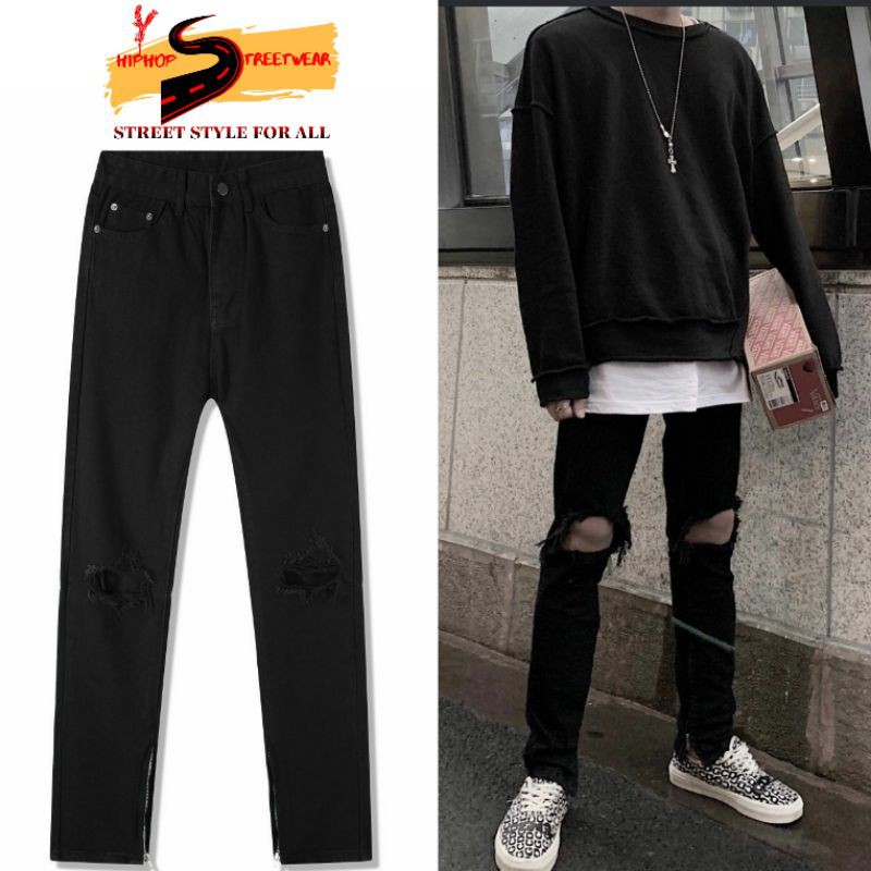 Quần Jean Nam Rách Gối Zipper Co Giãn Phong Cách HIPHOP STREETWEAR - Quần Bò Rách Gối Skinny Dáng Fog Justin Bieber