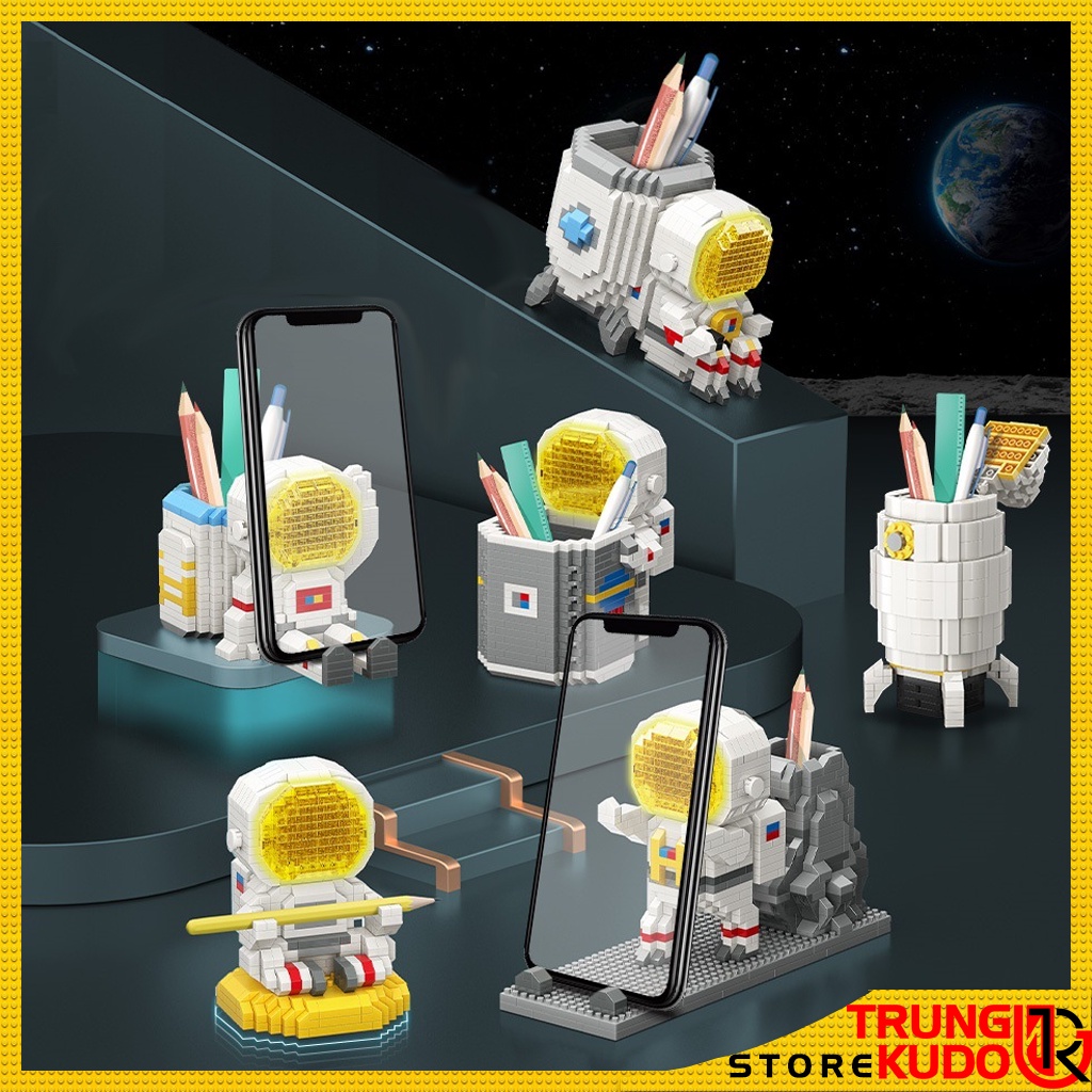 Mô hình Phi hành gia hộp bút có đèn và hộp để bút dạng Đồ chơi xếp hình dùng làm quà tặng, đồ decor