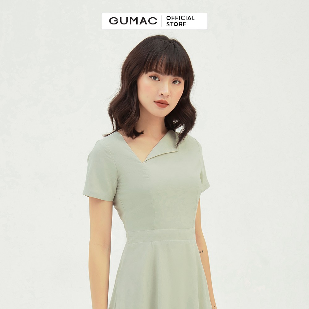 Đầm xòe nữ cổ lật bản eo GUMAC màu xanh trơn, đủ size, trẻ trung, thanh lịch DB365 | BigBuy360 - bigbuy360.vn