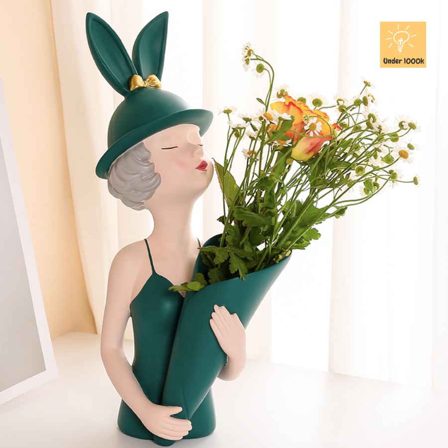 Tượng trang trí - tượng decor - hình cô gái đội mũ tai thỏ cực xinh xắn - màu xanh và hồng