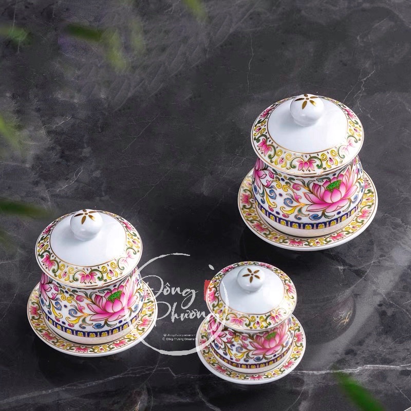 Bộ Đồ Thờ Cúng - Set Đồ Thờ Gốm Sứ Hoa Văn Hồng Liên cao cấp