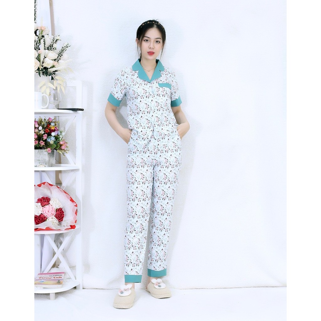 Bộ đồ bộ Pijama HOA NHÍ PHA CỔ XANH tay ngắn quần dài siêu lụa - Thoải Mái Nhẹ Nhàng