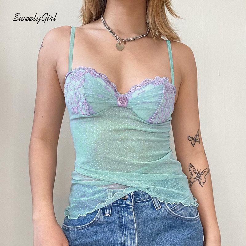 Áo Hai Dây Phối Ren Lưới Thời Trang Quyến Rũ 2022 Cho Nữ