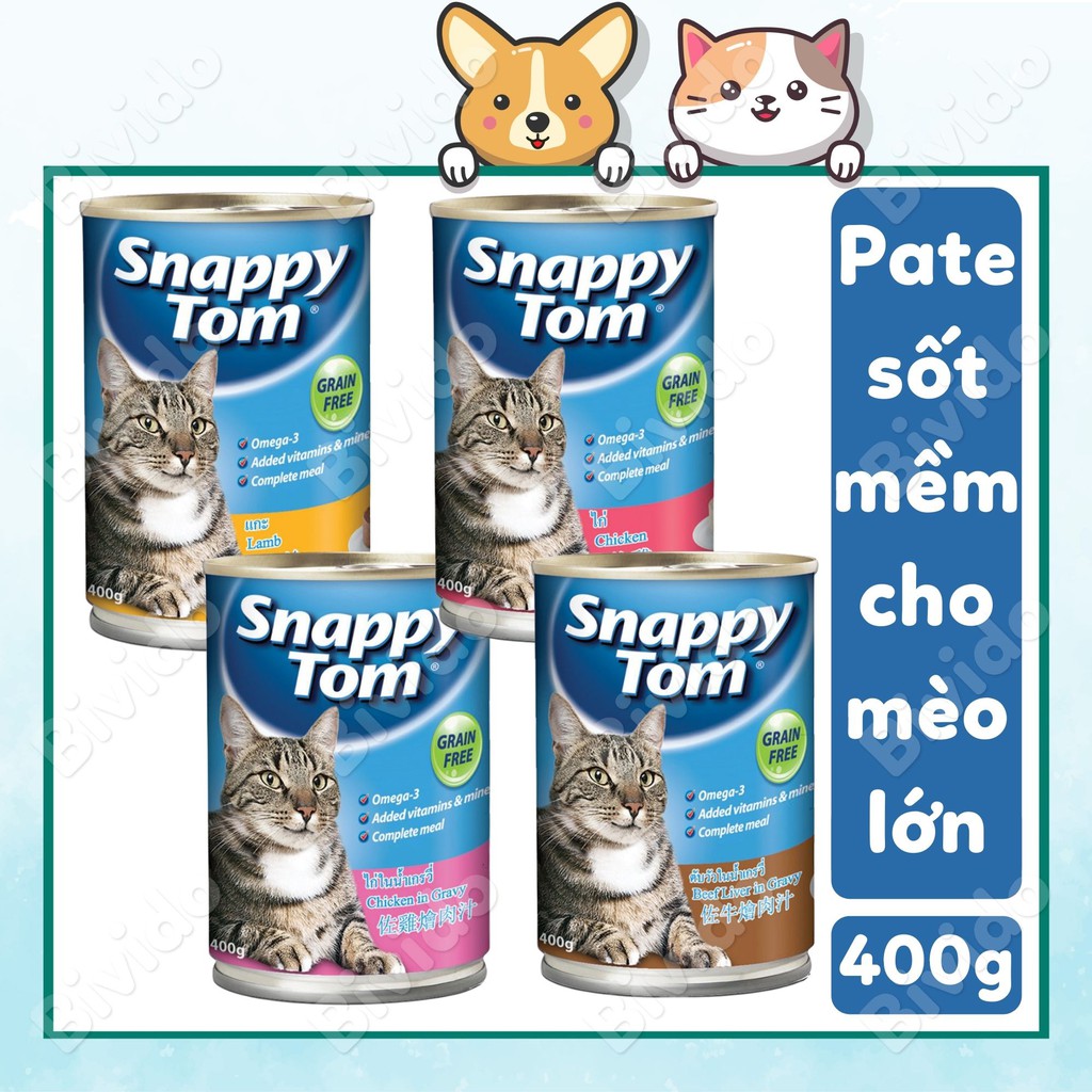 Pate cho mèo lớn Snappy Tom vị gà, cừu lon 400g - Bivido