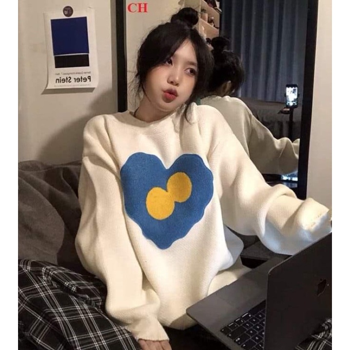 Set áo swearter trái tim xanh + quần kẻ than COS