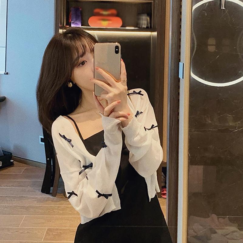 Áo Khoác Cardigan Dệt Kim Tay Dài Phối Nơ Phong Cách Hàn Quốc - Hàng nhập khẩu