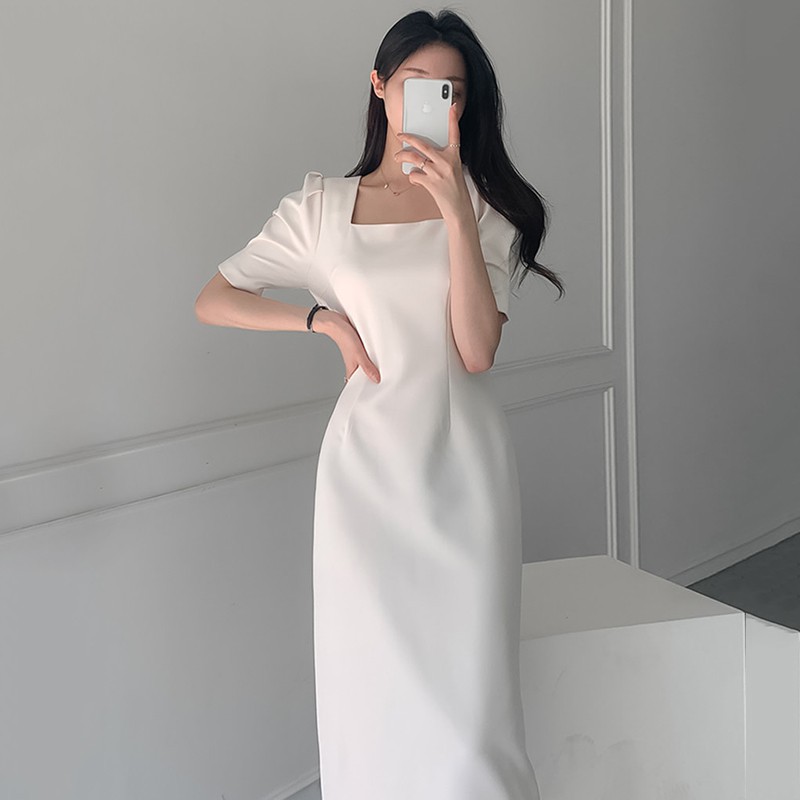 Đầm Dài Nữ Dáng Suông Hàn Quốc Đầm Trắng Trơn Tay Phồng Cao Cấp Váy Công Sở Xẻ Giữa Đi Tiệc Thanh Lịch Sang Trọng Rẻ Đẹp