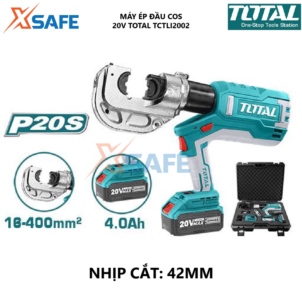 Máy ép đầu cos thủy lực TOTAL TCTLI2002 Máy ép cos kèm 2 pin Lithium-Ion 20V/4.0Ah, màn hình hiển thị số lượng sử dụng